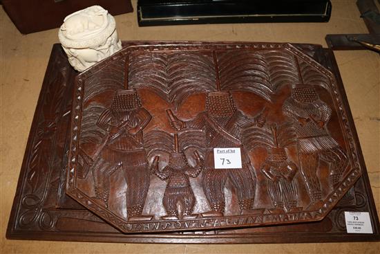 Three West African carved hardwood panels & an elephant-carved ivory tusk box(-)